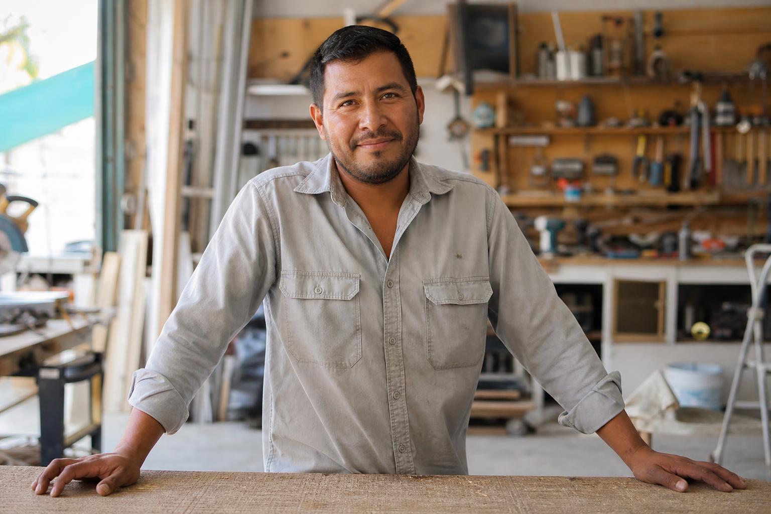 Dueño de negocio mexicano en su taller de construcción en Miami